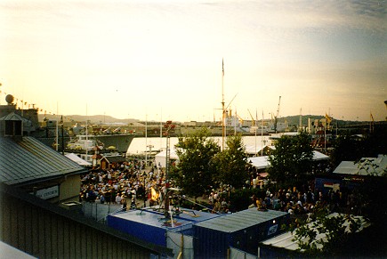 Gteborg harbour behind the opera house. 
The naval ship on the left is part of the maritime museum